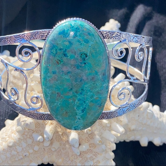 32g Vintage Sterling Silver Large Oval Chrysocolla Cuff  Chrysocolla Natural Gemstone statement cuff